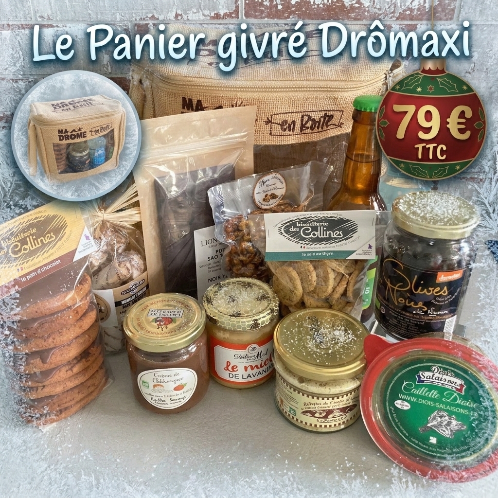 Dromaxi pain chocolat rillettes foie gras caillette miel noisette olives thym noix limonade chocolat panier offrir 2