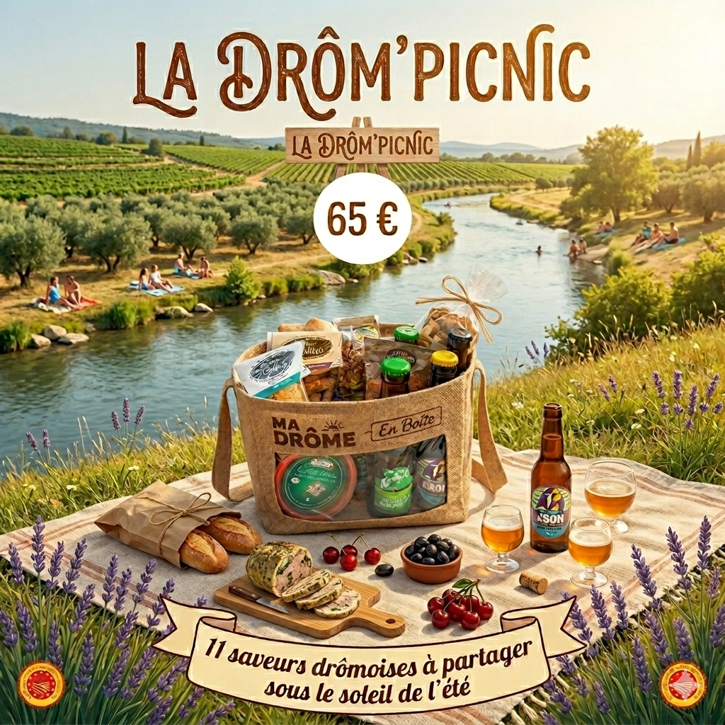 Drôme Pique Nique panier caillette noix biscuits bière limonade décapsuleur olives nature ballade amis partage cadeau box