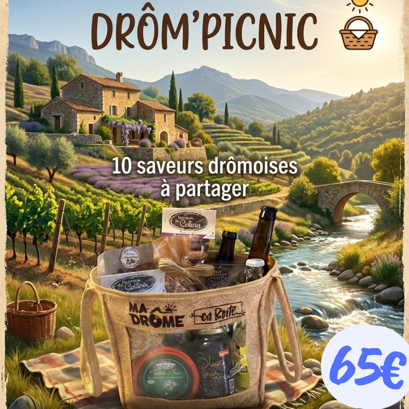 Drôme Pique Nique panier caillette noix biscuits bière limonade décapsuleur olives