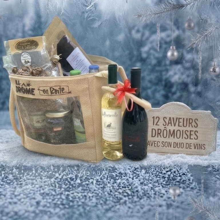 Panier givré dromaxi rillettes foie gras miel chataigne caillette olives nyons thym noix chocolat nougat box cadeau offrir 2