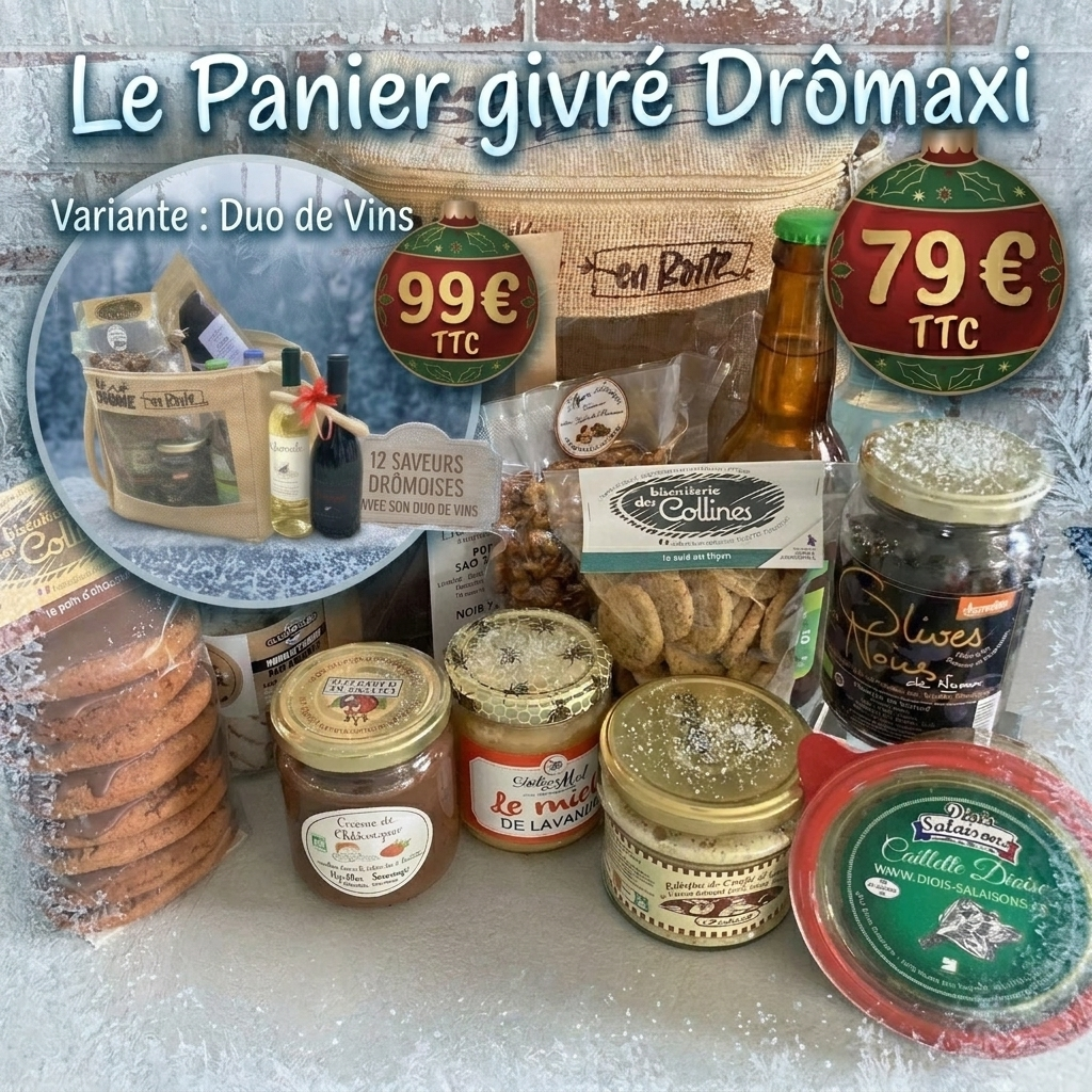 Panier givré dromaxi rillettes foie gras miel chataigne caillette olives nyons thym noix chocolat nougat box cadeau offrir