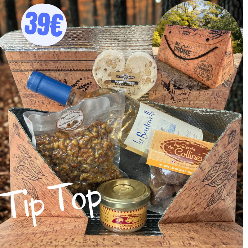 Ma Drôme en Boite Tip Top Rosé Bartavelle vin blanc caillette nougat terroir noix cacao box cadeau offrir plaisir