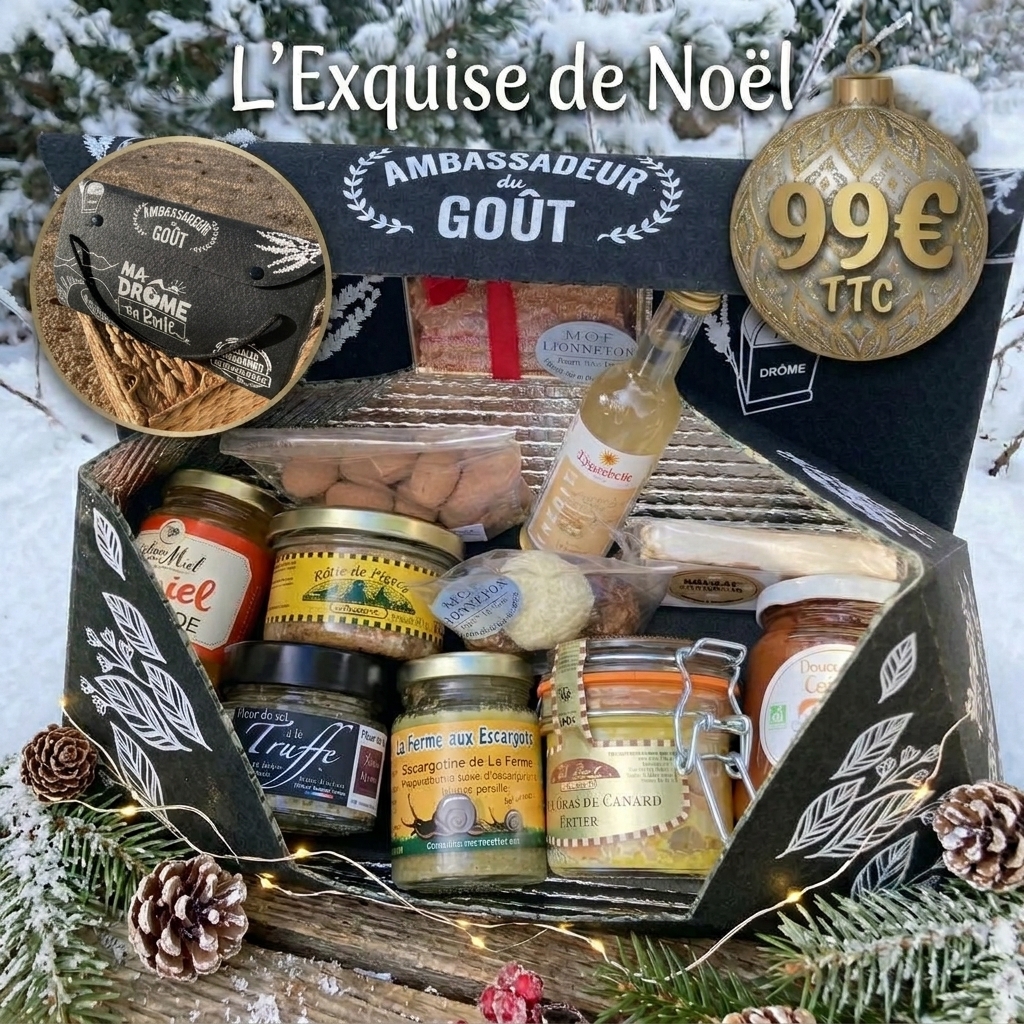 Coffret noir Boite Drôme Exquise escargot truffe foie gras miel lavande coing rotie pigeon nougat sirop cadeau offrir plaisir Noël élégant 2