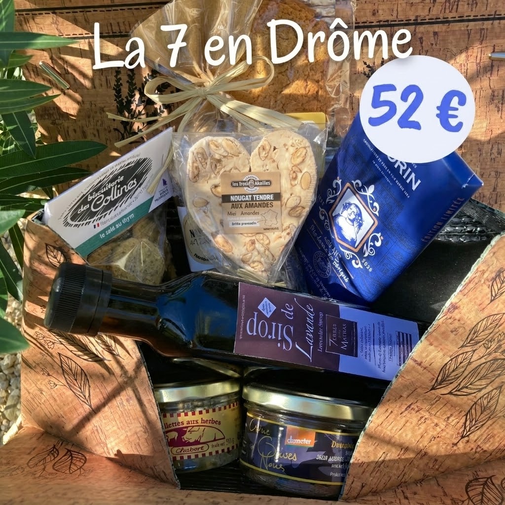 7 en Drôme boite lavande caillette olives nougat chocolat sirop crème Demeter thym cadeau Grignan Sévigné cookie miel saveurs nationale