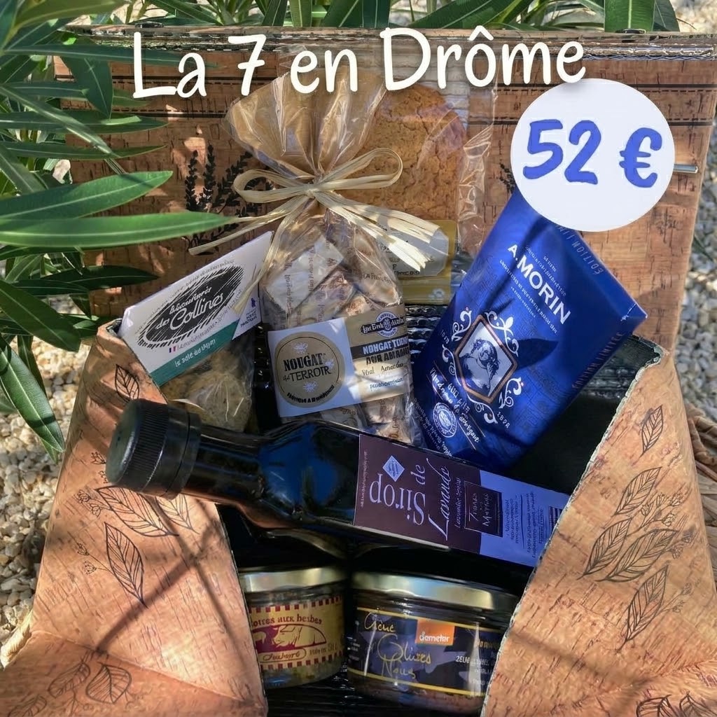Box cadeau 7 en Drôme boite lavande caillette olives nougat chocolat sirop crème Demeter thym cadeau Grignan Sévigné cookie miel saveurs nationale